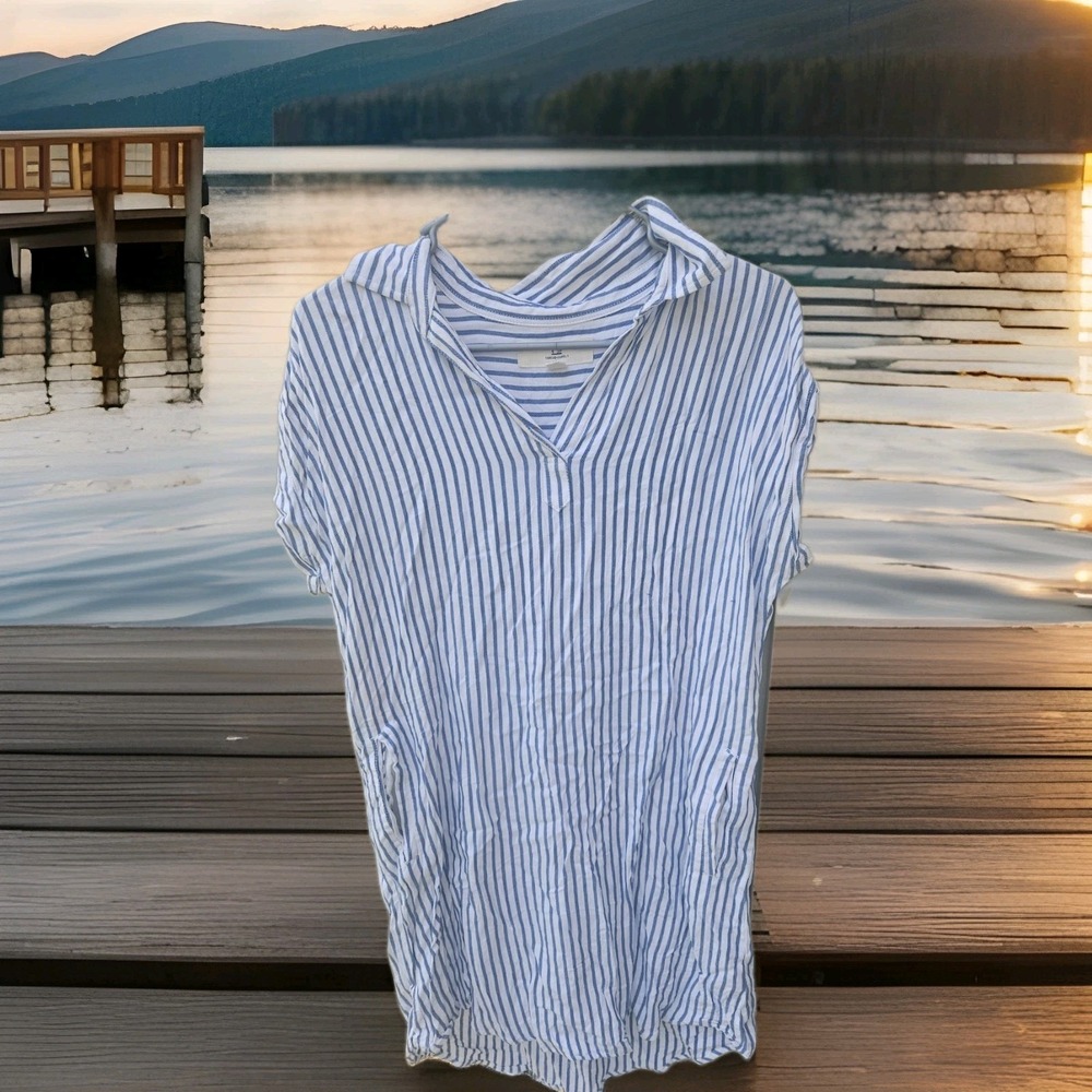Thread & Supply White Blue Striped Beach Rayon Tunic Shirt Dress Pockets Size S